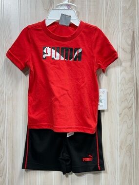 Puma Red & Black Logo Tee and Shorts Set